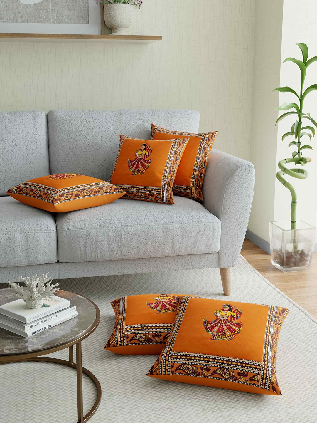 

JAIPUR FABRIC Mustard & White Applique Ethnic Motifs Square Cushion Covers Set of 5