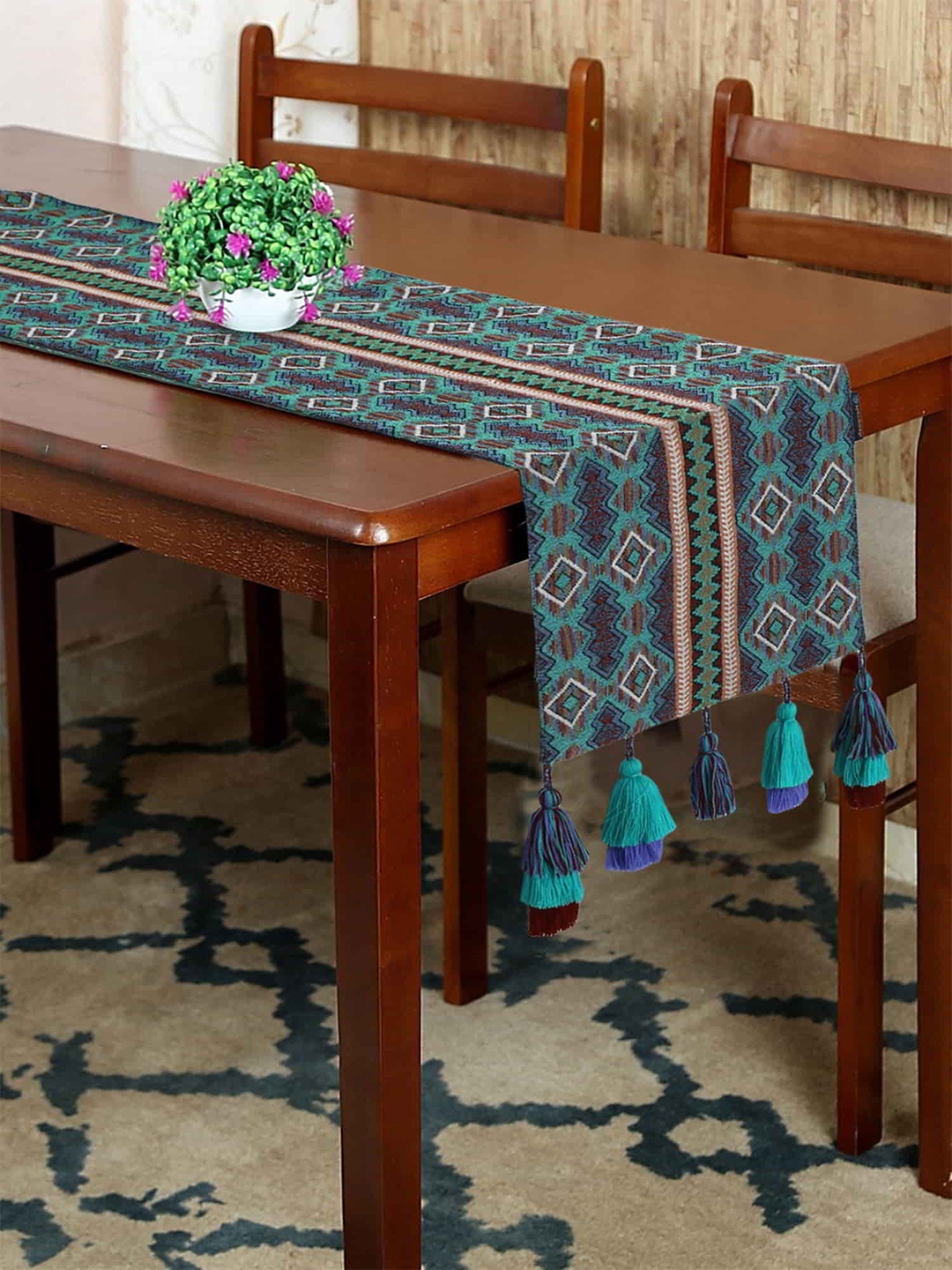 

Mezposh Sea Green & Blue Ethnic Motifs Cotton Acrylic 4 Seater Table Runner