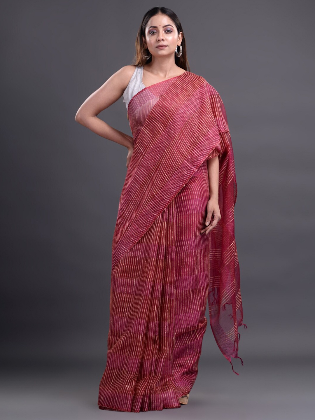 

Mitera Magenta & White Striped Silk Cotton Bhagalpuri Saree