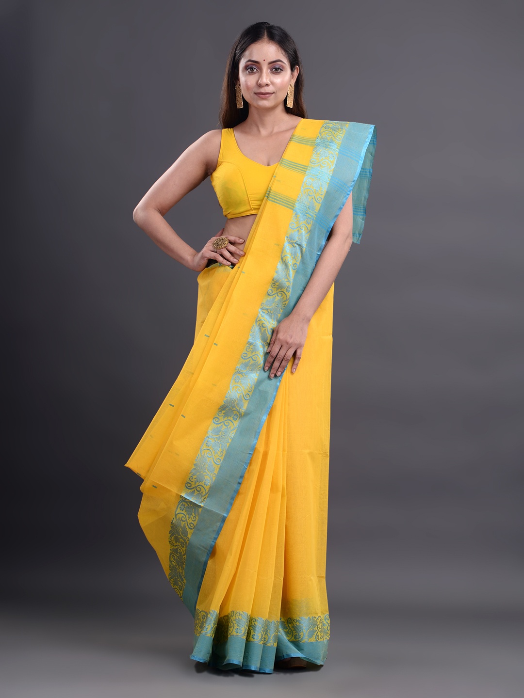 

Mitera Yellow & Blue Woven Design Pure Cotton Taant Saree