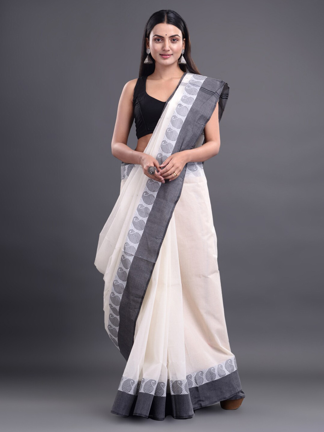 

Mitera White & Grey Woven Design Pure Cotton Taant Saree