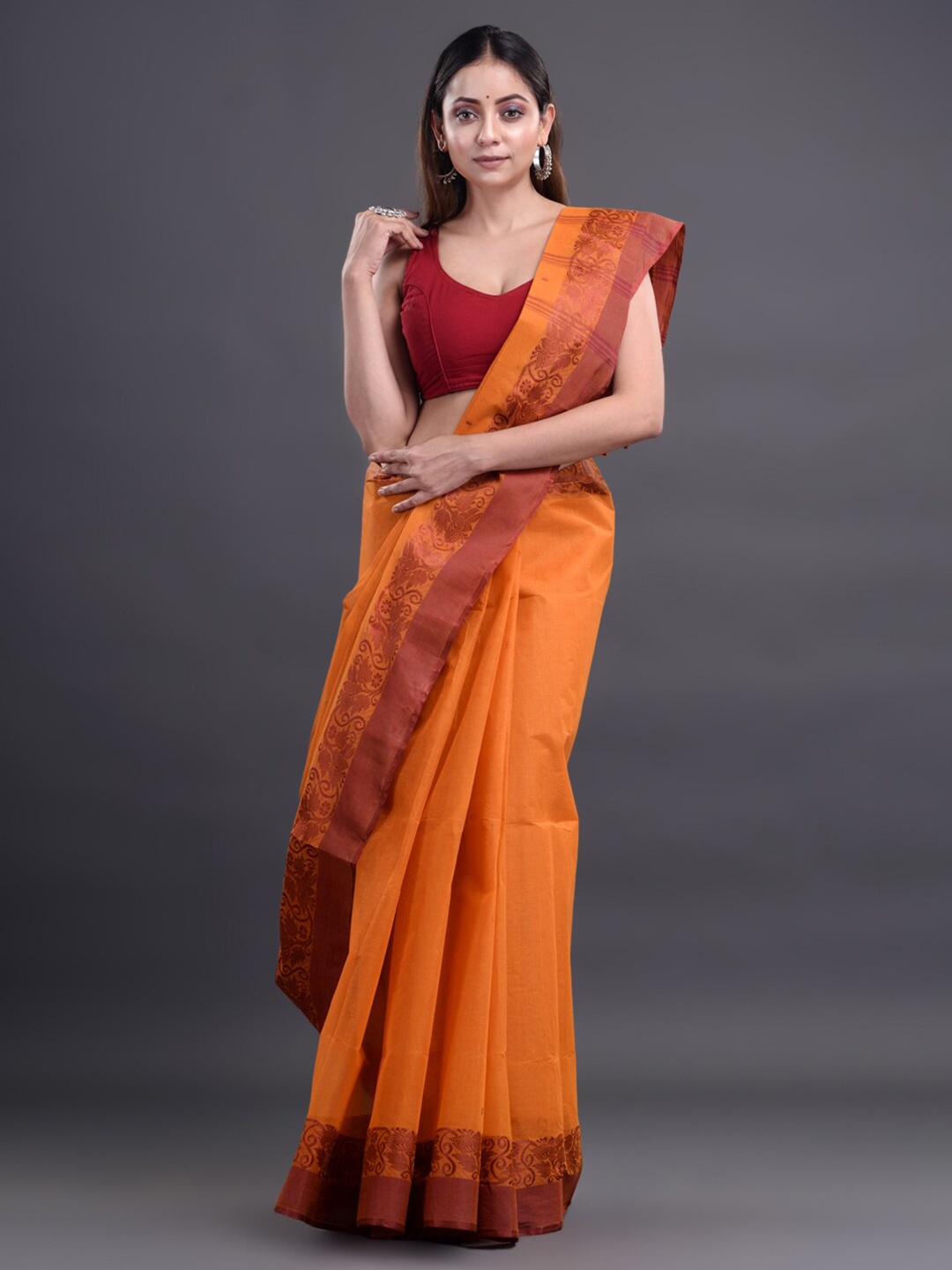 

Mitera Mustard & Brown Woven Design Pure Cotton Taant Saree
