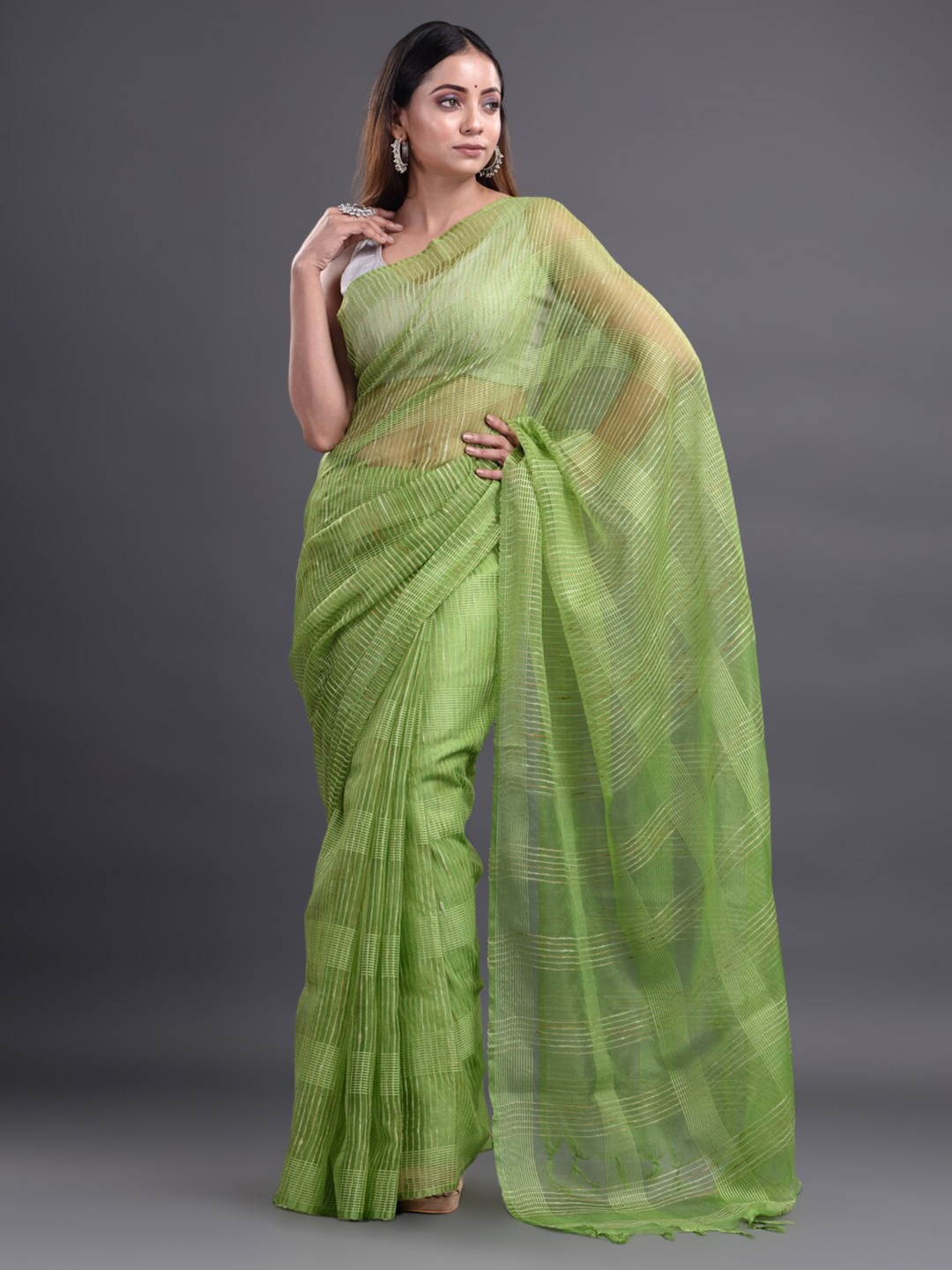 

Mitera Green Striped Silk Cotton Bhagalpuri Saree