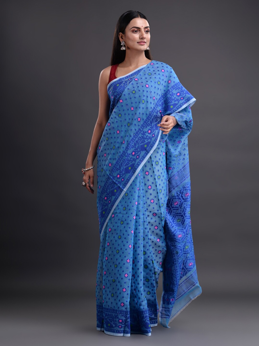 

Mitera Blue & Pink Woven Design Pure Cotton Jamdani Saree