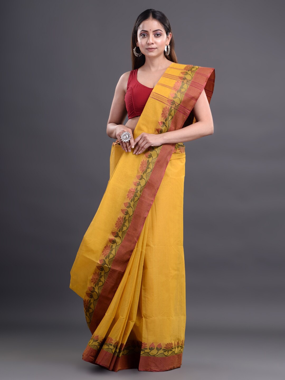 

Mitera Mustard & Brown Woven Design Pure Cotton Taant Saree