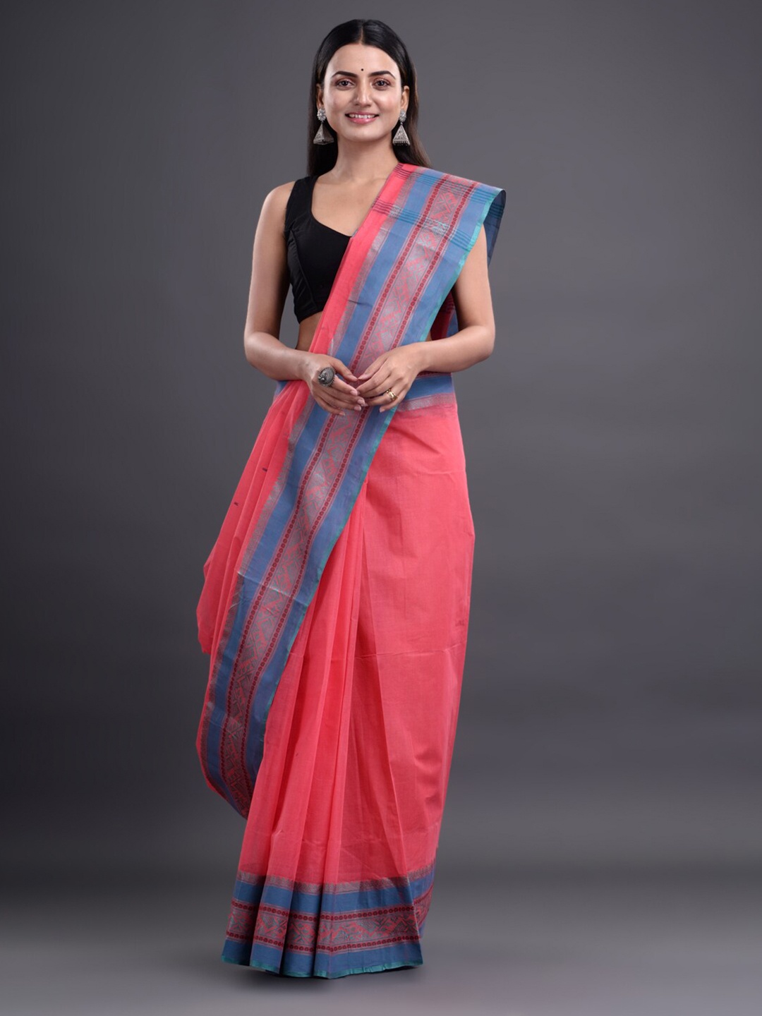 

Mitera Pink & Blue Woven Design Pure Cotton Taant Saree