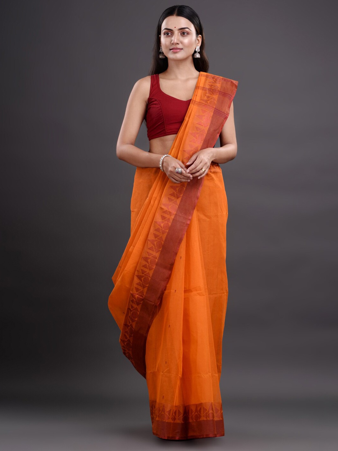 

Mitera Mustard & Brown Woven Design Pure Cotton Taant Saree