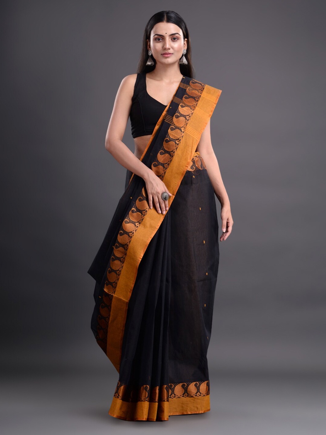 

Mitera Black & Mustard Pure Cotton Taant Saree