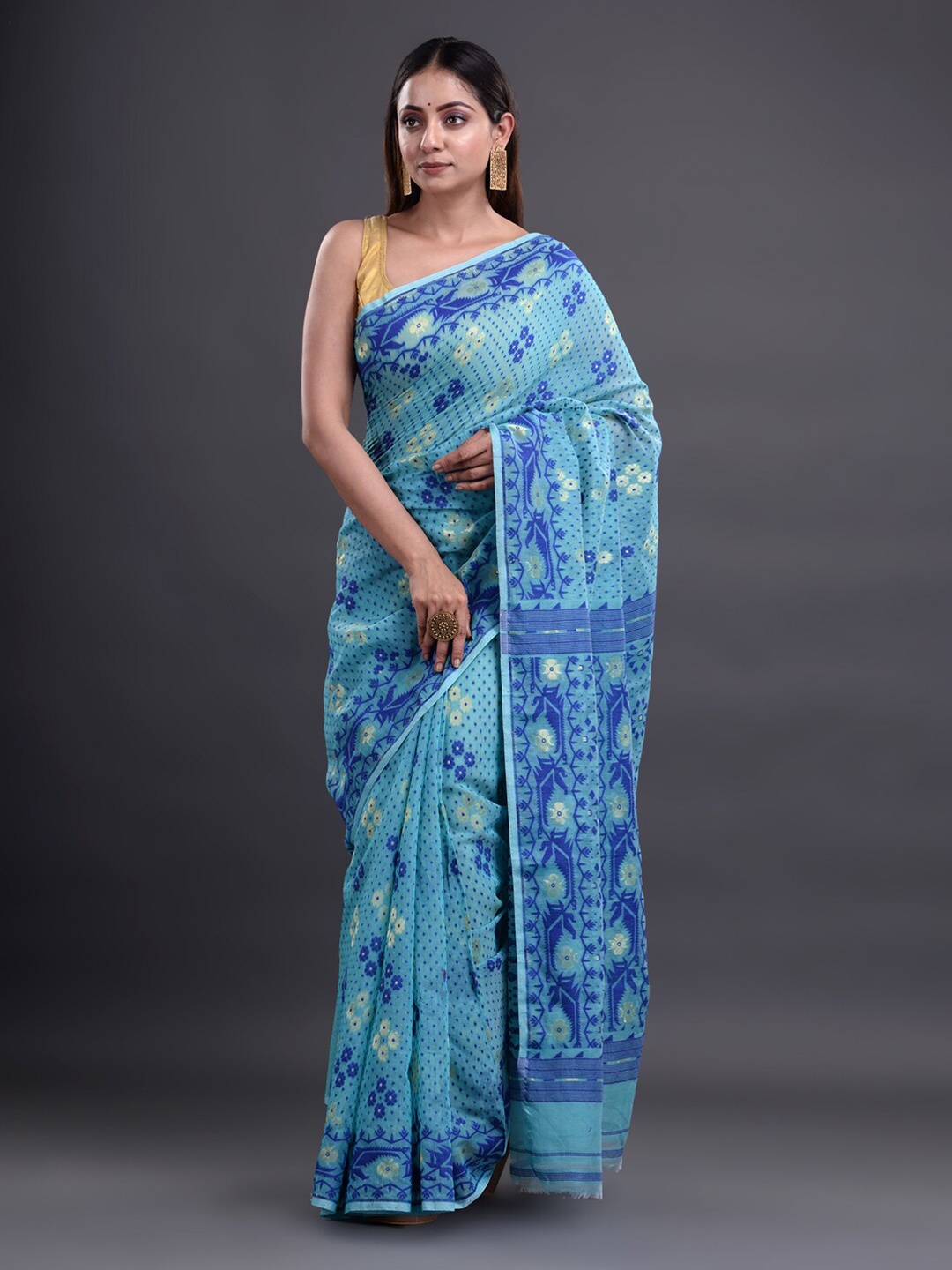

Mitera Blue & Gold-Toned Woven Design Pure Cotton Heavy Work Jamdani Saree