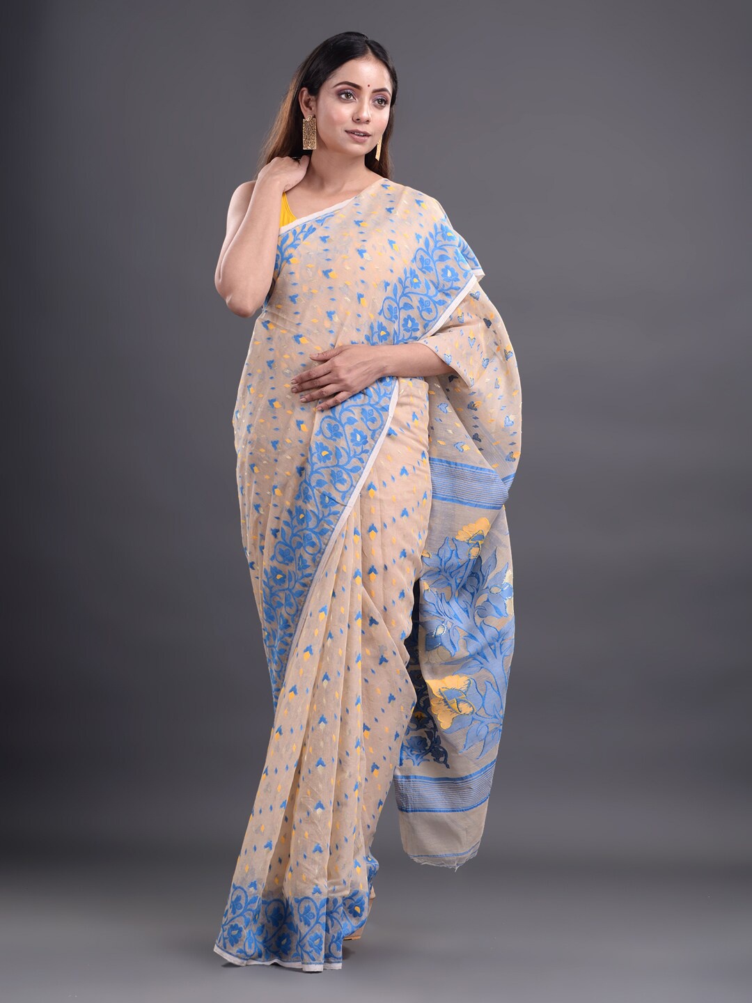 

Mitera Beige & Blue Woven Design Pure Cotton Jamdani Saree