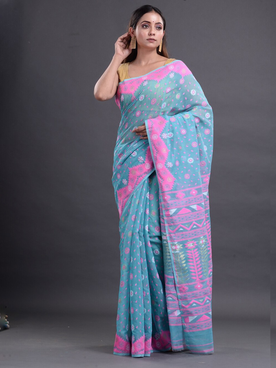 

Mitera Blue & Pink Woven Design Pure Cotton Jamdani Saree