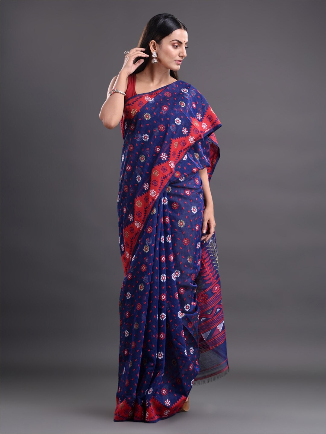 

Mitera Blue & Red Woven Design Pure Cotton Heavy Work Jamdani Saree