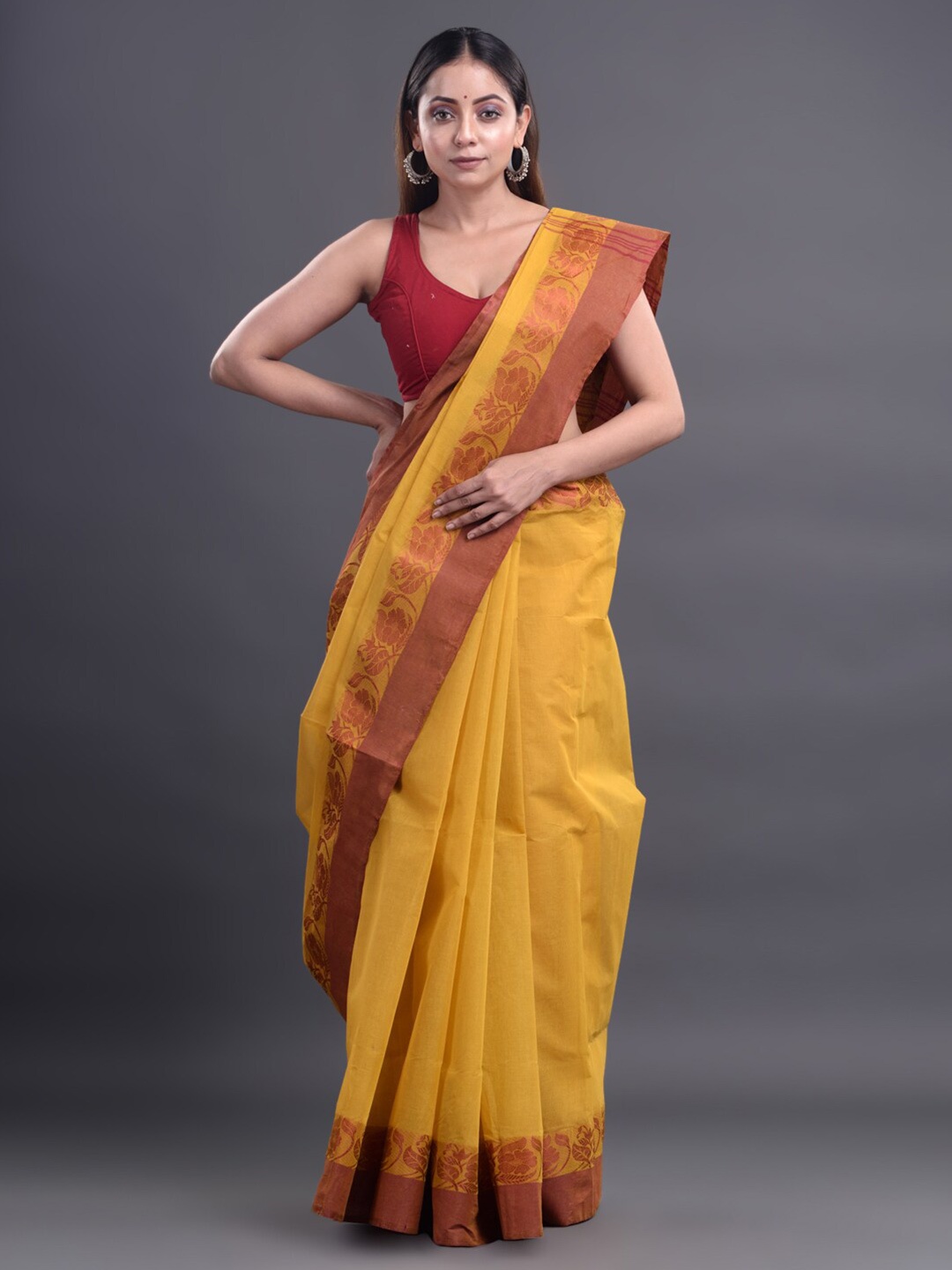 

Mitera Mustard Yellow & Red Woven Design Pure Cotton Taant Saree