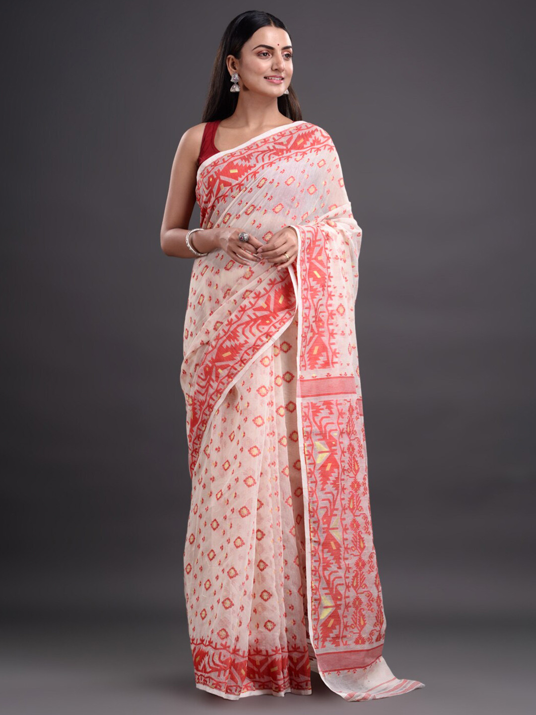 

Mitera White & Red Woven Design Pure Cotton Heavy Work Jamdani Saree