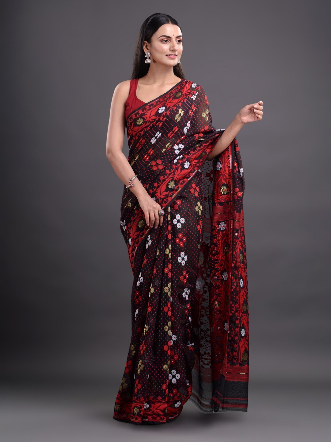 

Mitera Black & Red Floral Woven Design Pure Cotton Saree