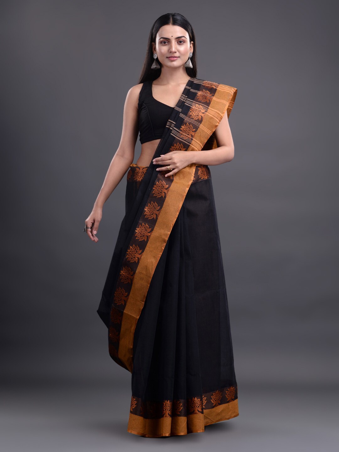 

Mitera Black & Mustard Zari Pure Cotton Taant Saree