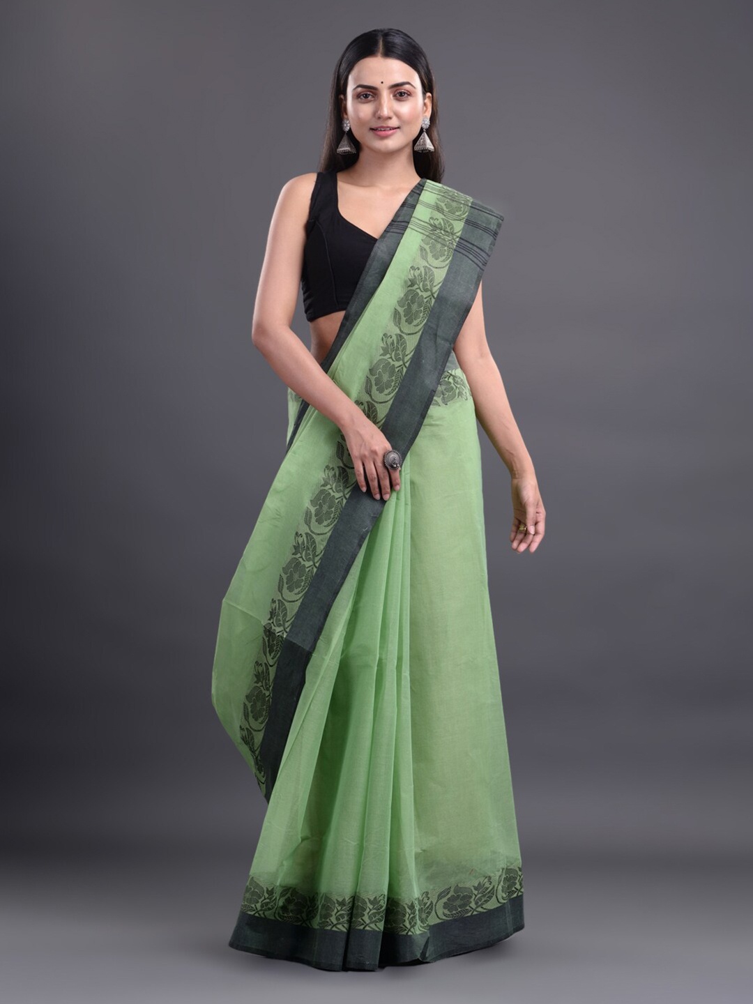 

Mitera Green & Black Pure Cotton Taant Saree