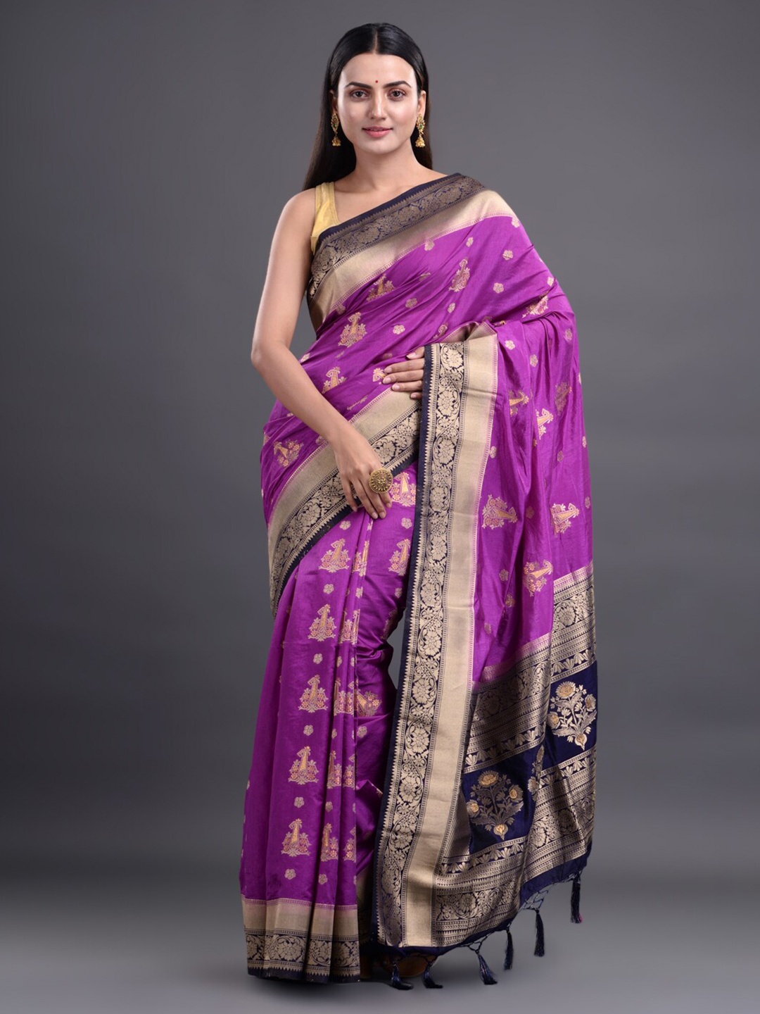 

Mitera Purple & Navy Blue Floral Zari Silk Blend Banarasi Saree