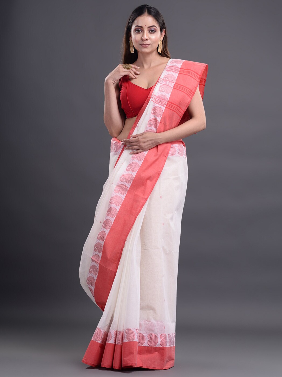 

Mitera Red & White Woven Design Pure Cotton Taant Saree