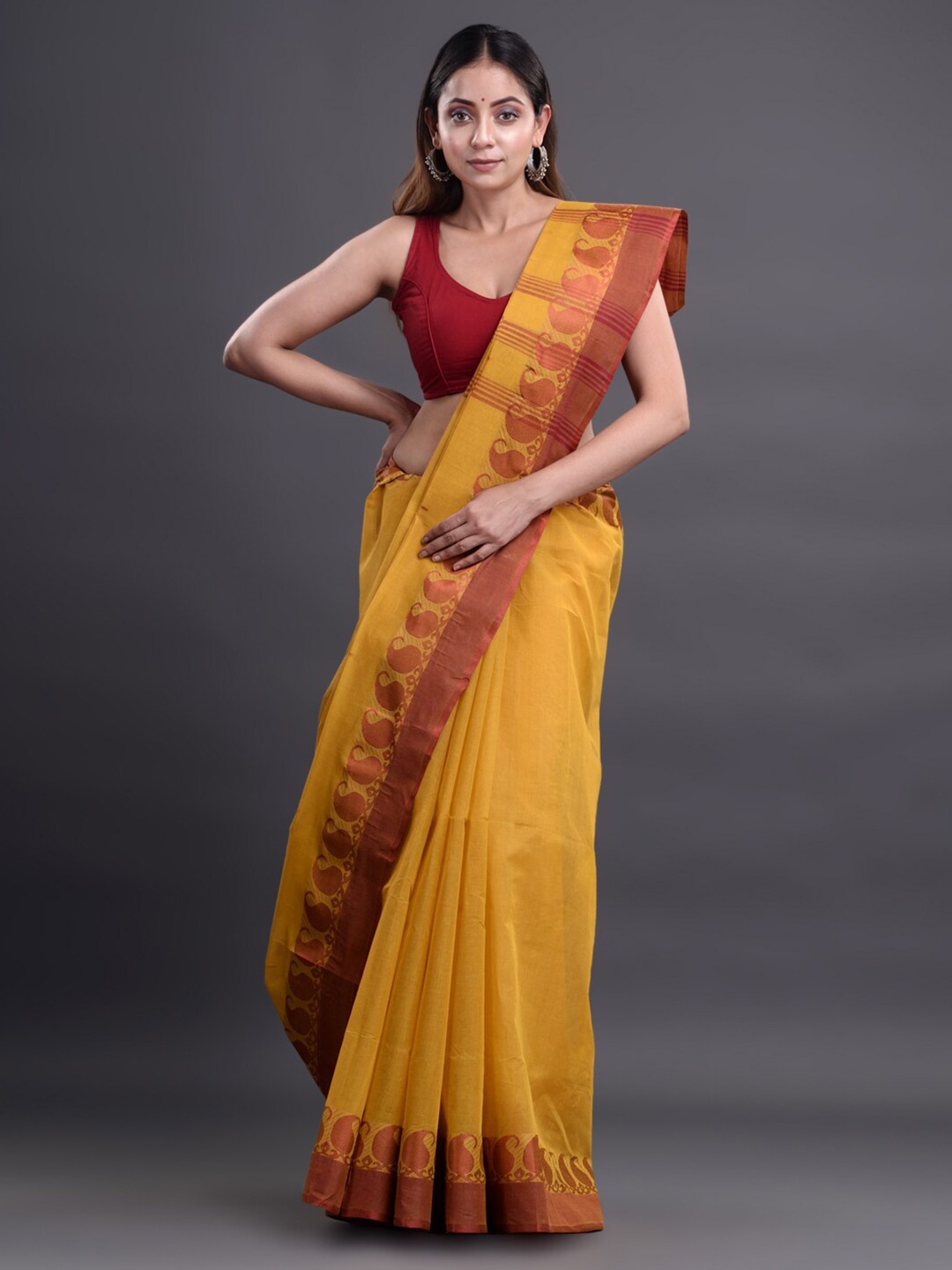 

Mitera Mustard & Brown Woven Design Pure Cotton Heavy Work Taant Saree