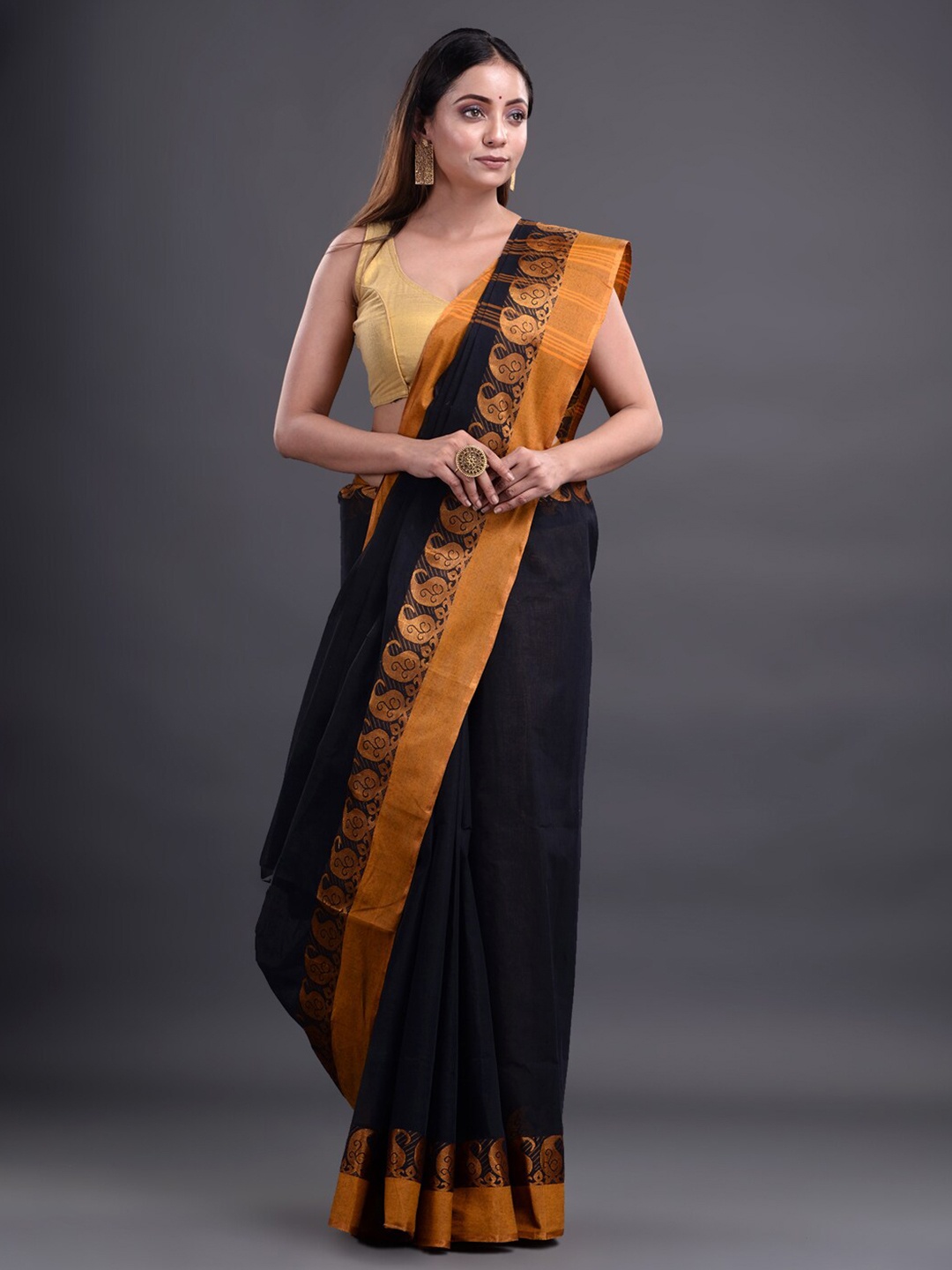 

Mitera Black & Orange Pure Cotton Taant Saree