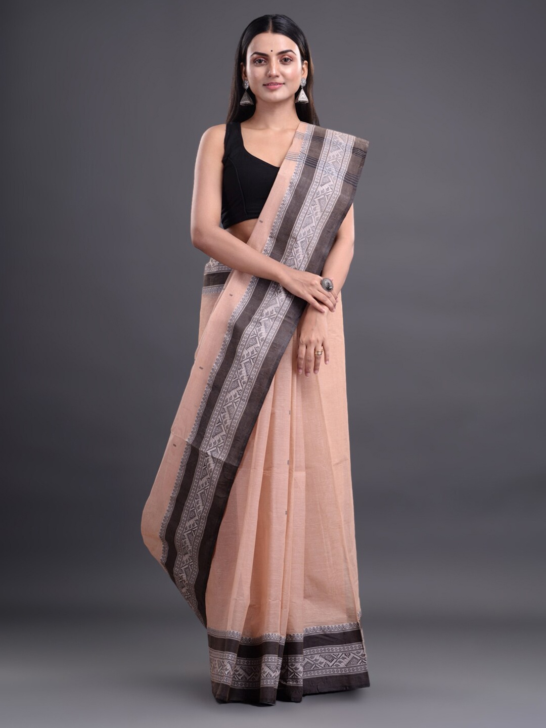 

Mitera Beige & Black Striped Woven Design Pure Cotton Heavy Work Taant Saree