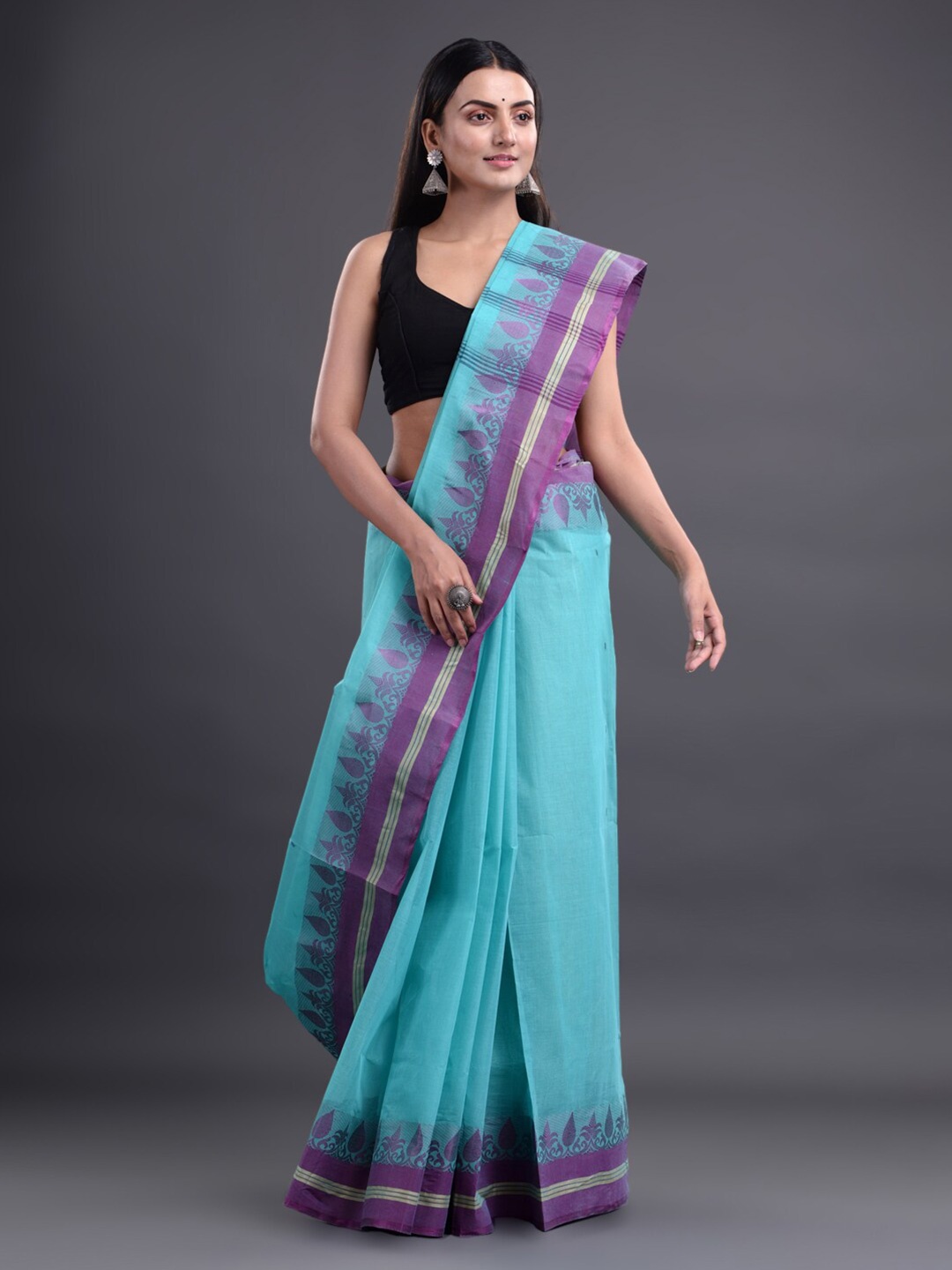 

Mitera Blue & Purple Woven Design Pure Cotton Taant Saree