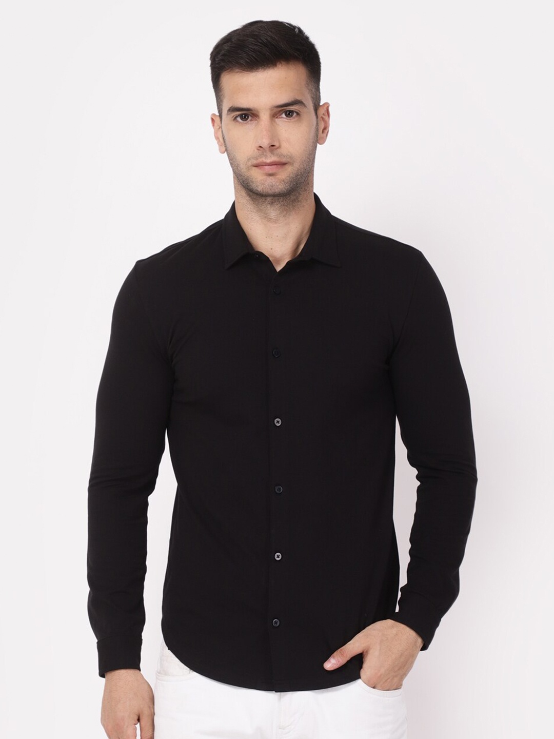

YOONOY Men Black Solid Slim Fit Casual Shirt