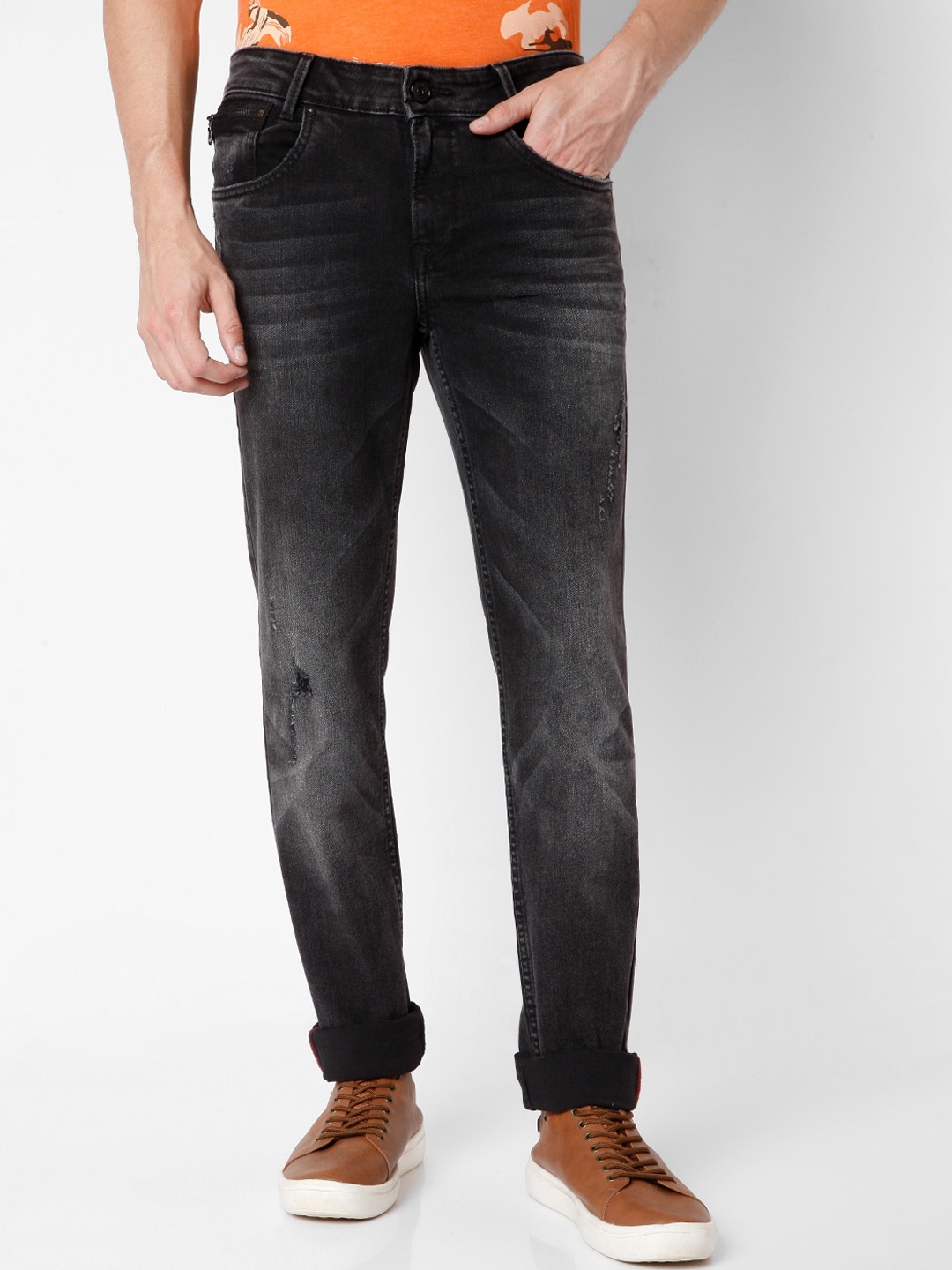 

Mufti Men Black Slim Fit Mildly Distressed Heavy Fade Stretchable Jeans