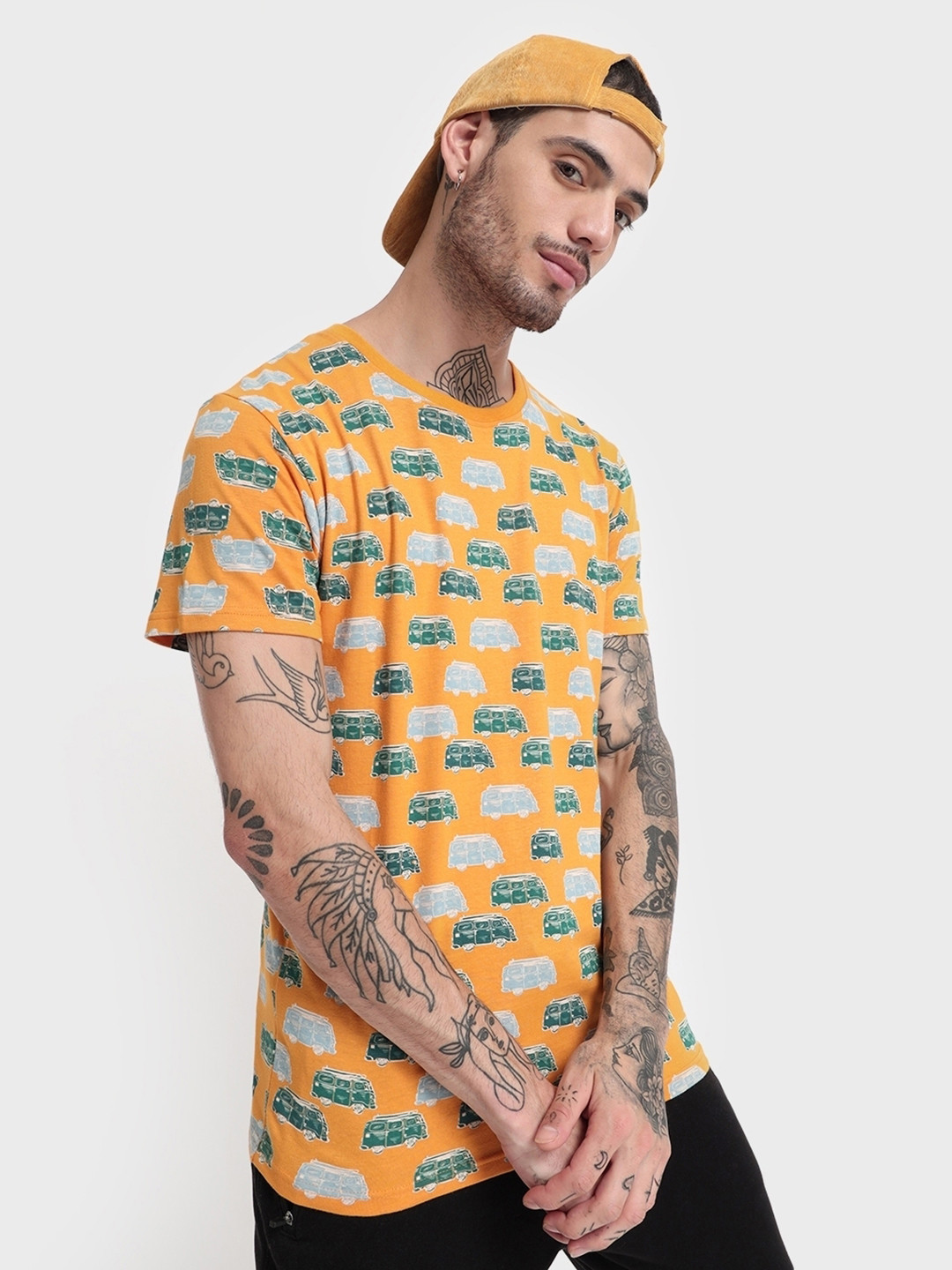 

Bewakoof Men Yellow & Grey Printed Cotton T-shirt