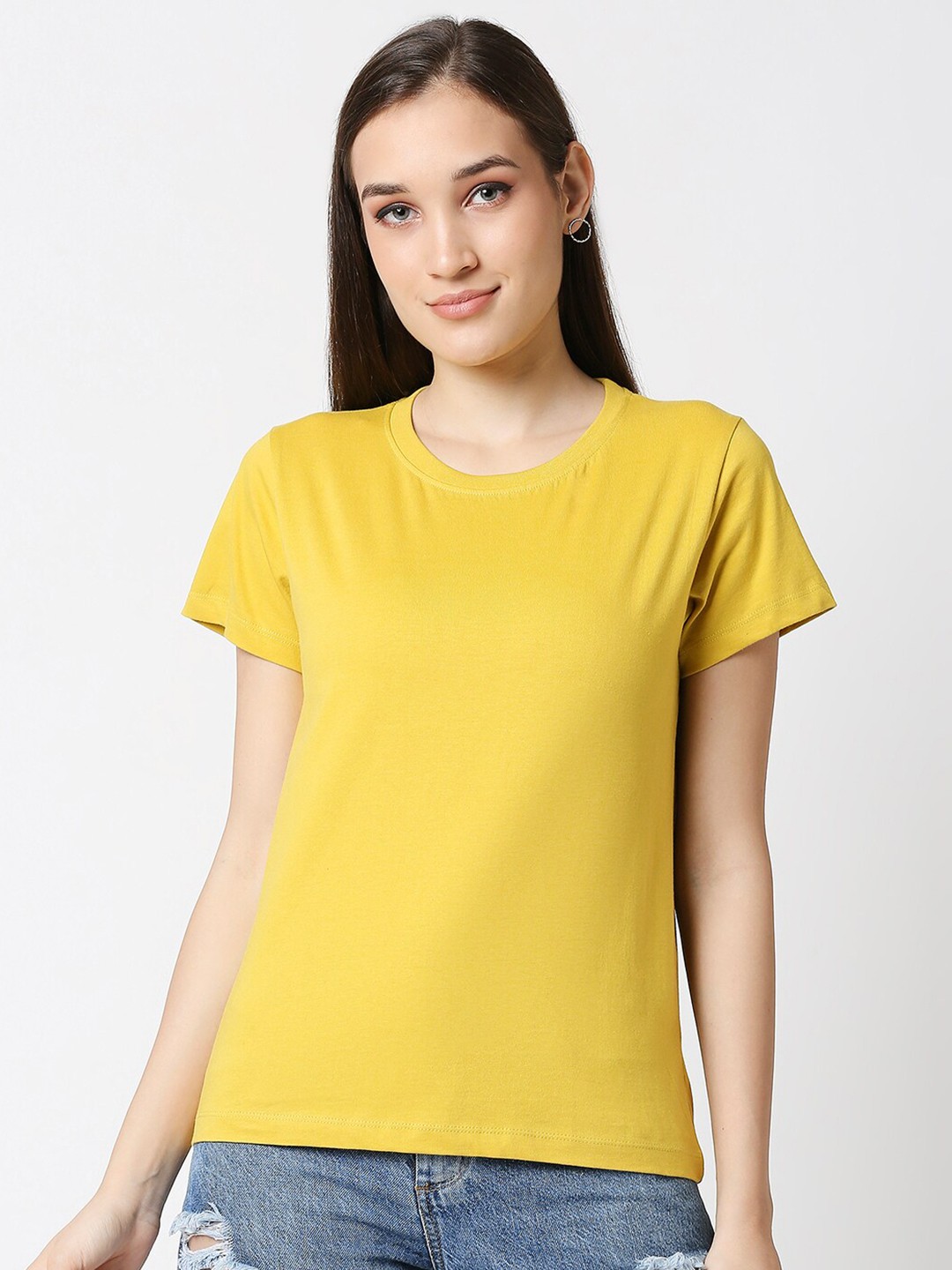 

Bewakoof Women Yellow Pure Cotton Relaxed Fit T-shirt