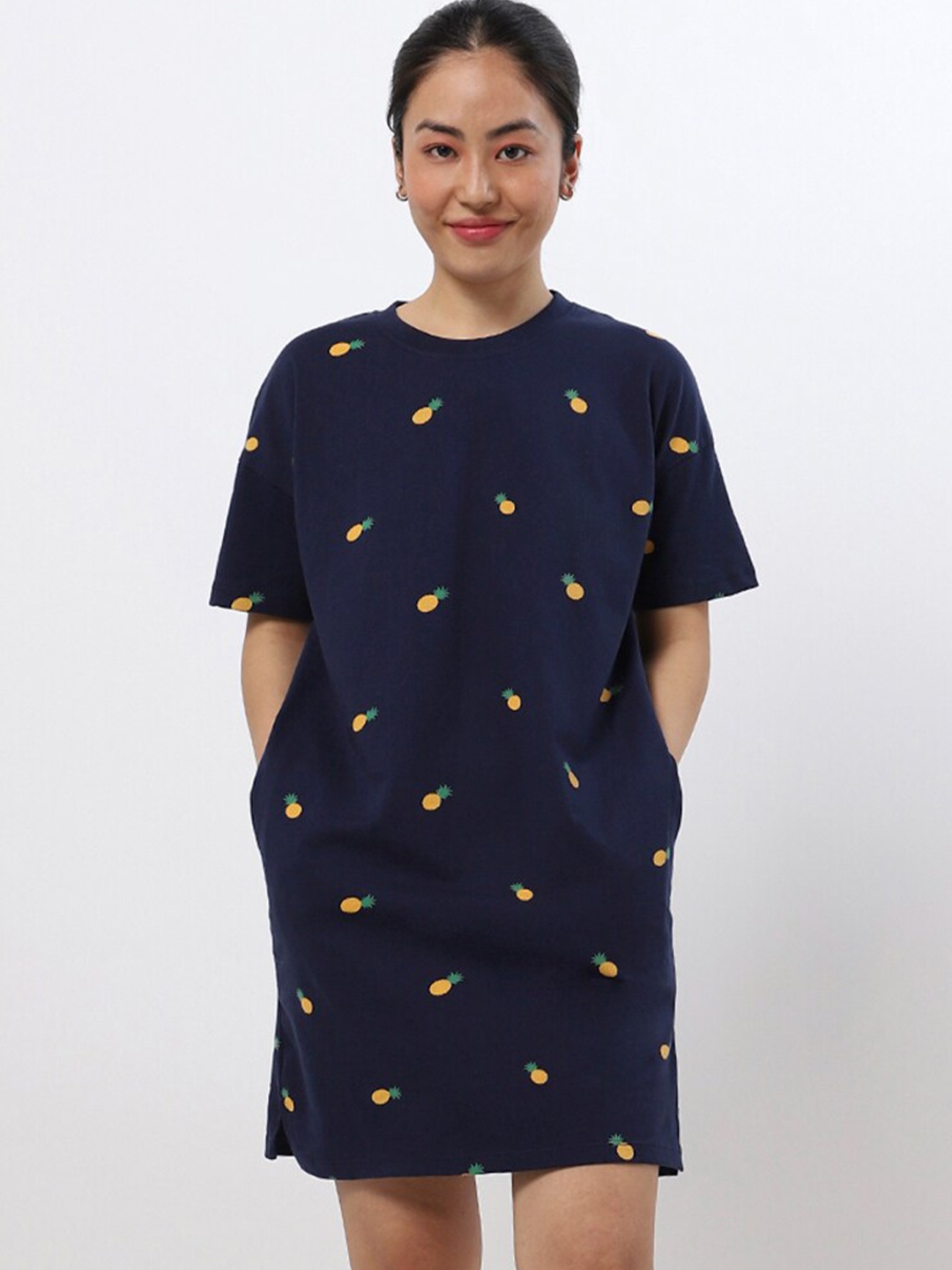 

Bewakoof Women Navy Blue & Yellow Printed Cotton T-shirt Dress