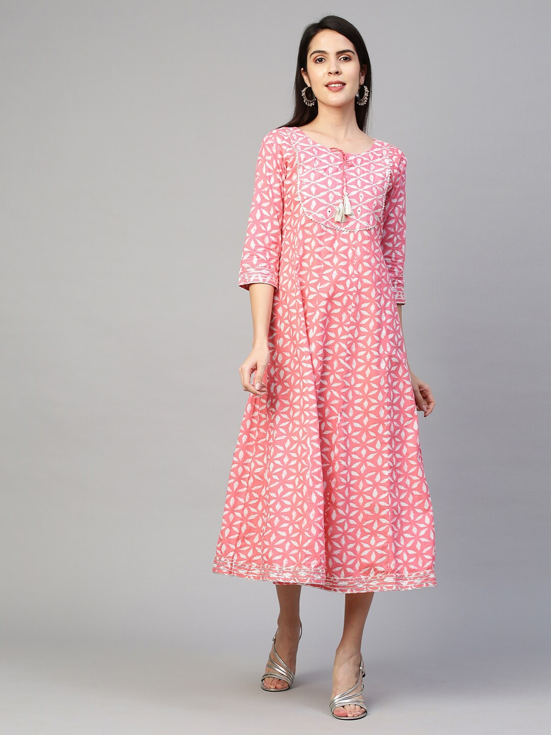 

FASHOR Pink Ethnic Motifs Printed A-Line Maxi Cotton Dress
