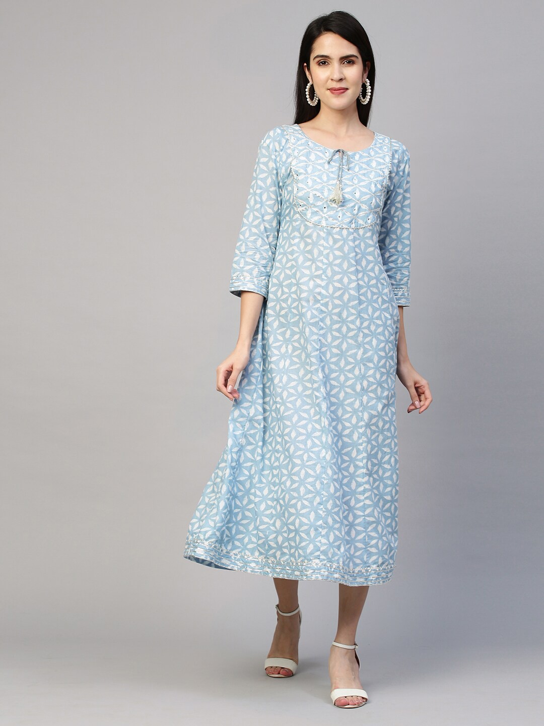 

FASHOR Blue Floral Tie-Up Neck A-Line Maxi Dress
