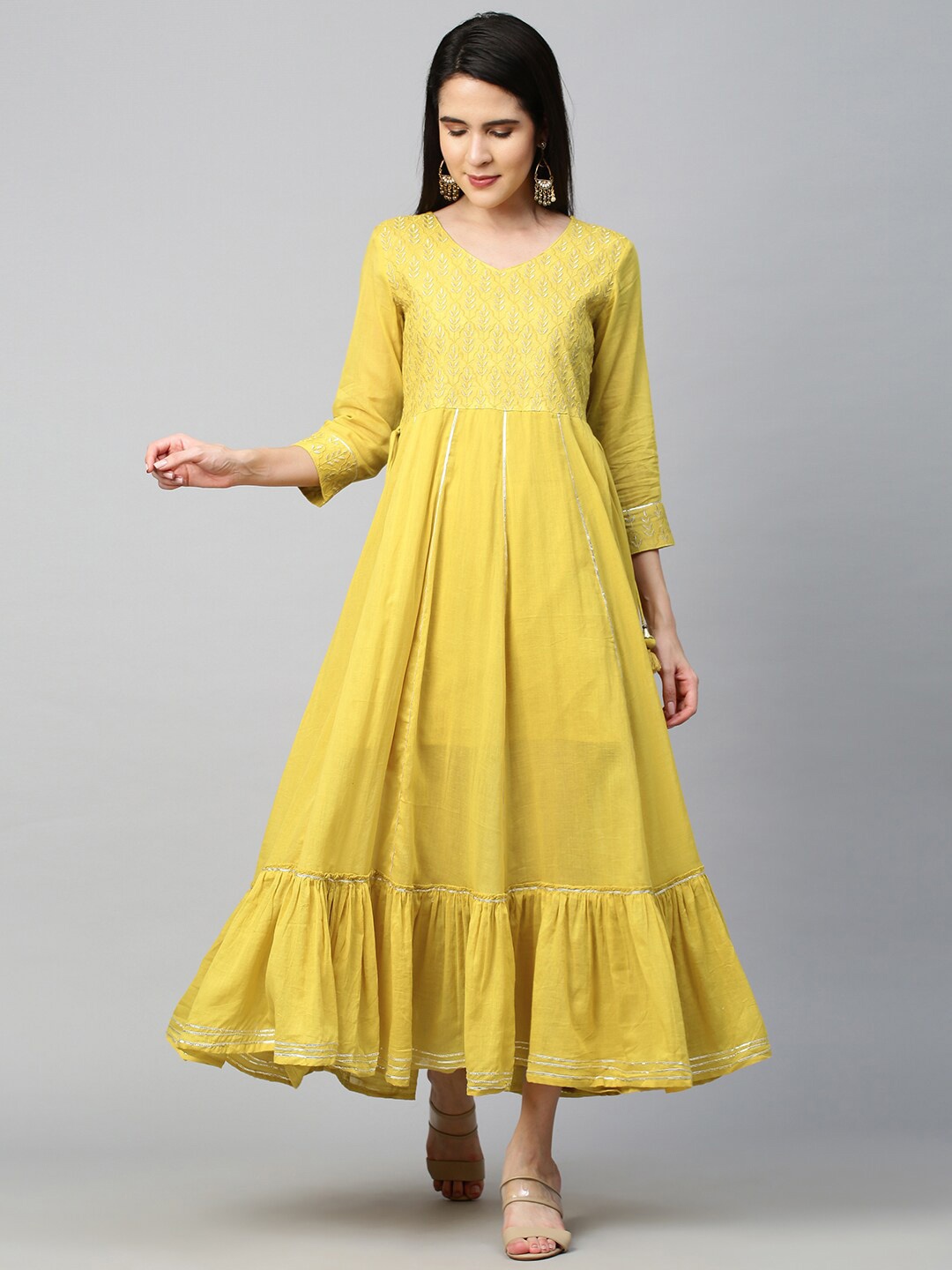 

FASHOR Mustard Yellow Ethnic Motifs Ethnic Cotton Maxi Dress