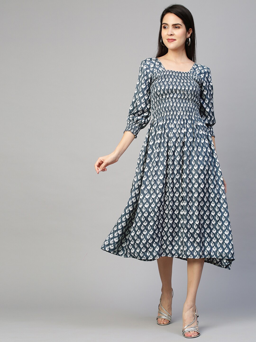 

FASHOR Grey & White Ethnic Motifs A-Line Midi Dress