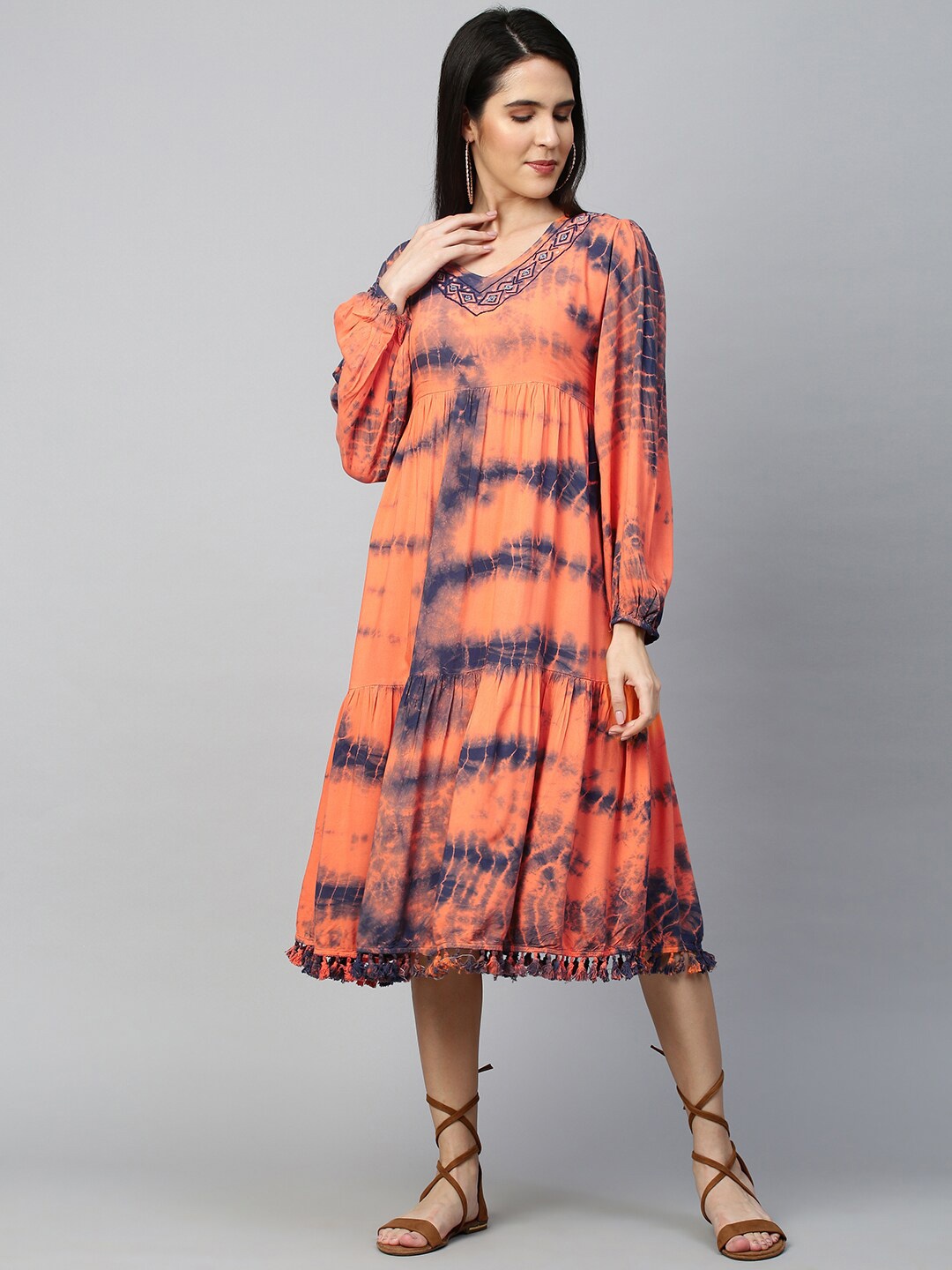 

FASHOR Orange Tie and Dye Dyed A-Line Midi Dress