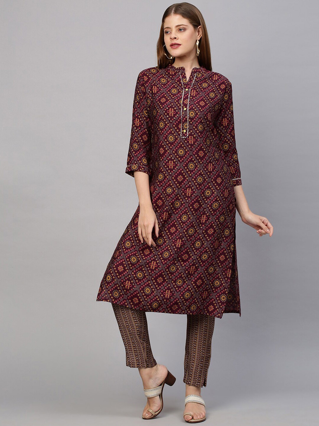 

FASHOR Women Maroon Ethnic Motifs Printed Gotta Patti Kurta with Trousers