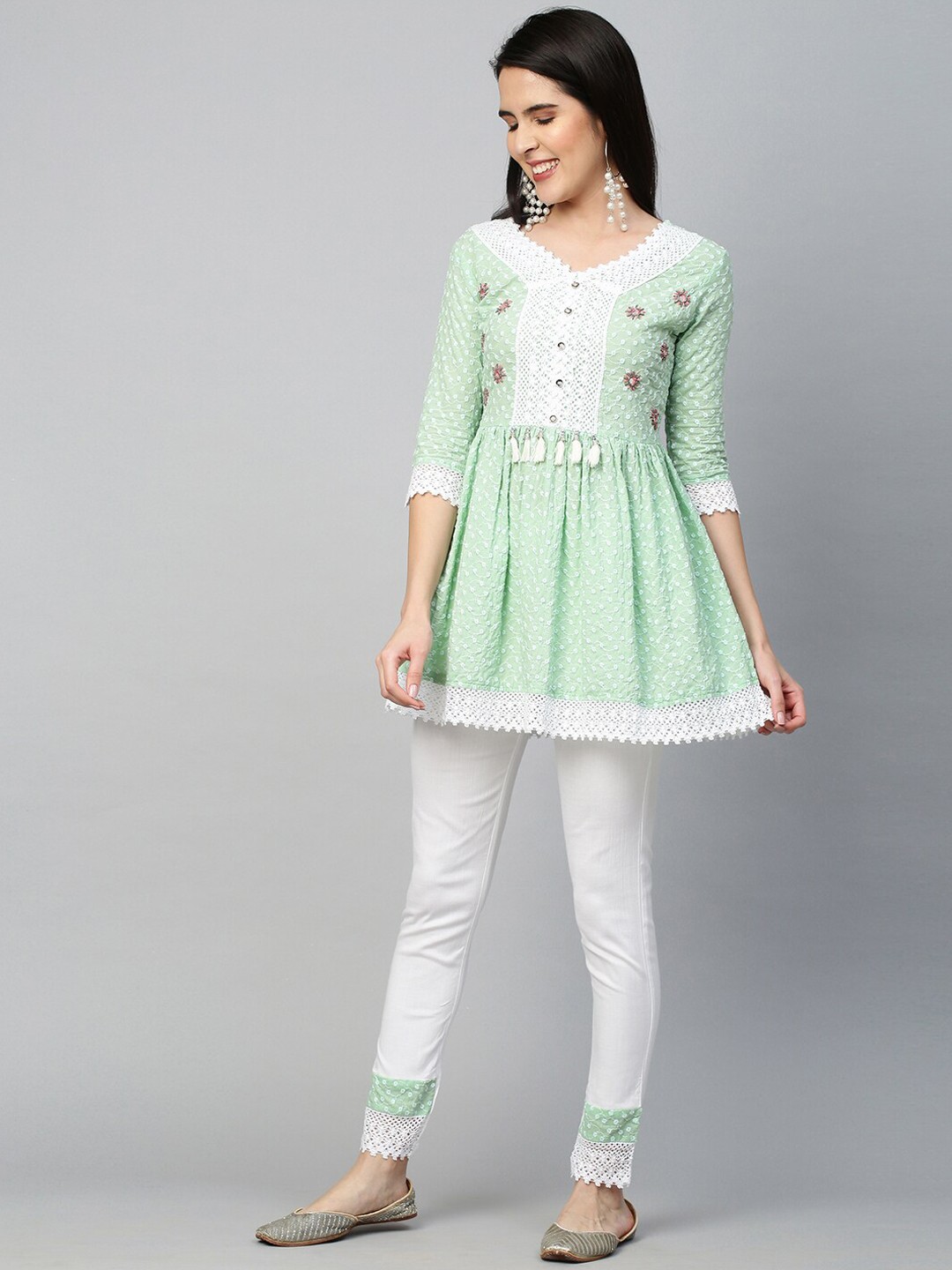 

FASHOR Women Green Floral Embroidered Tiered Mirror Work Pure Cotton Top with Trousers