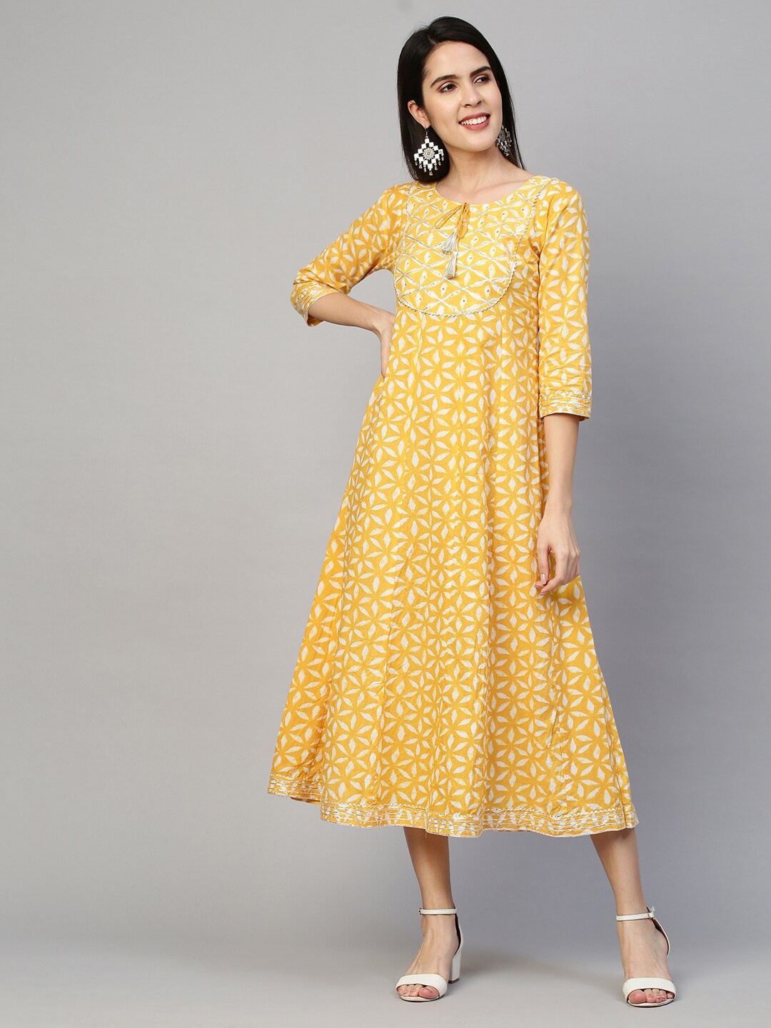 

FASHOR Mustard Yellow Ethnic Motifs A-Line Maxi Cotton Dress