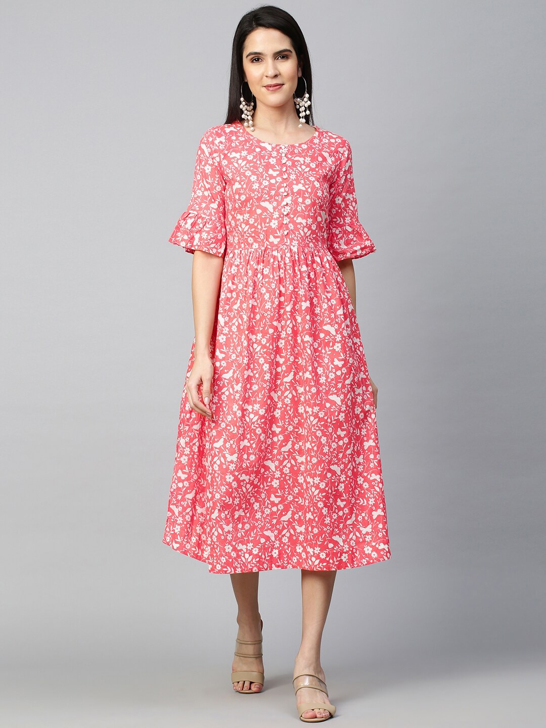 

FASHOR Women Peach-Coloured & White Floral Maxi Dress With 2-Ply Mask