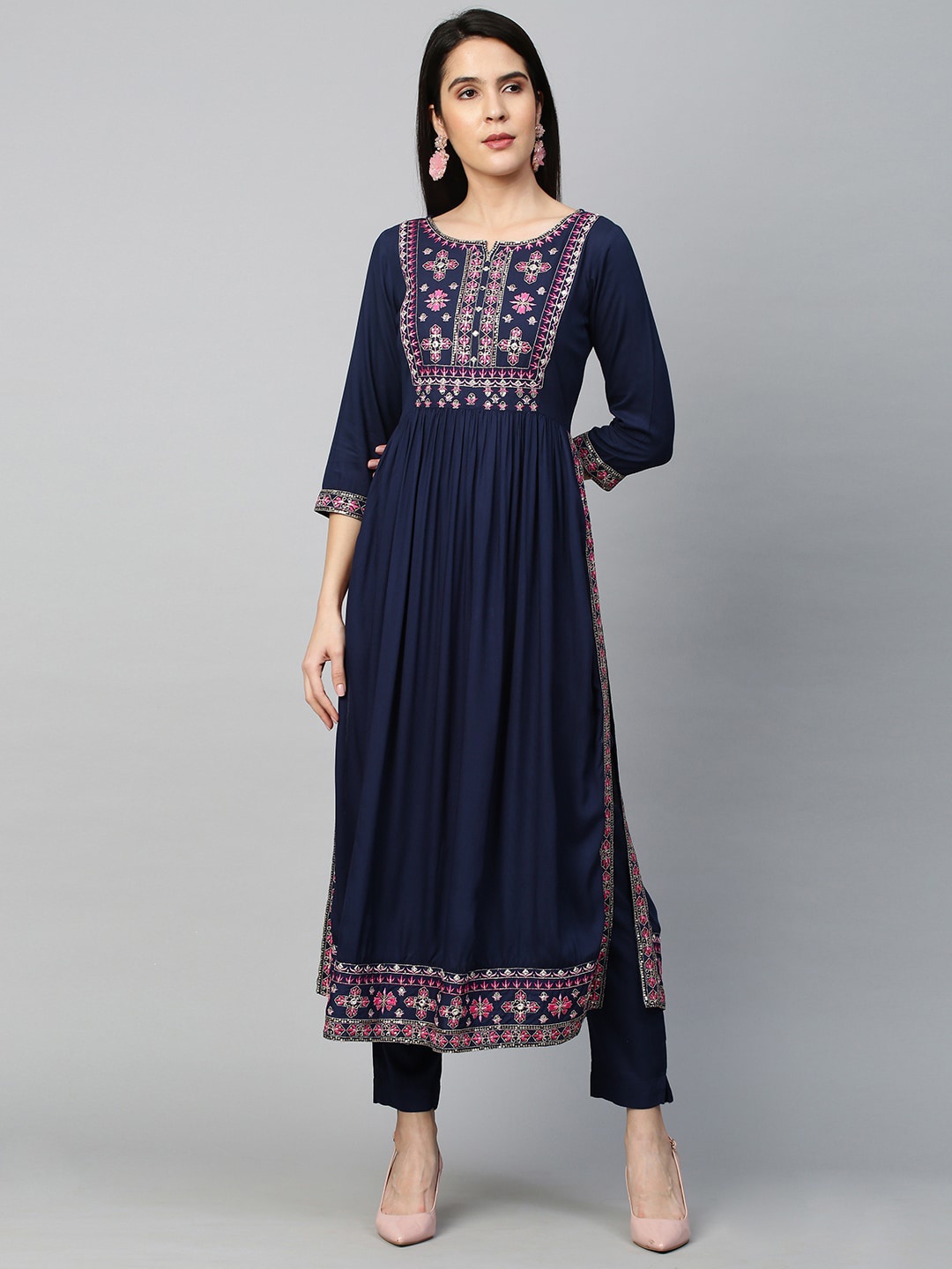 

FASHOR Women Navy Blue Ethnic Motifs Striped Pleated Sequinned Kurta with Sharara