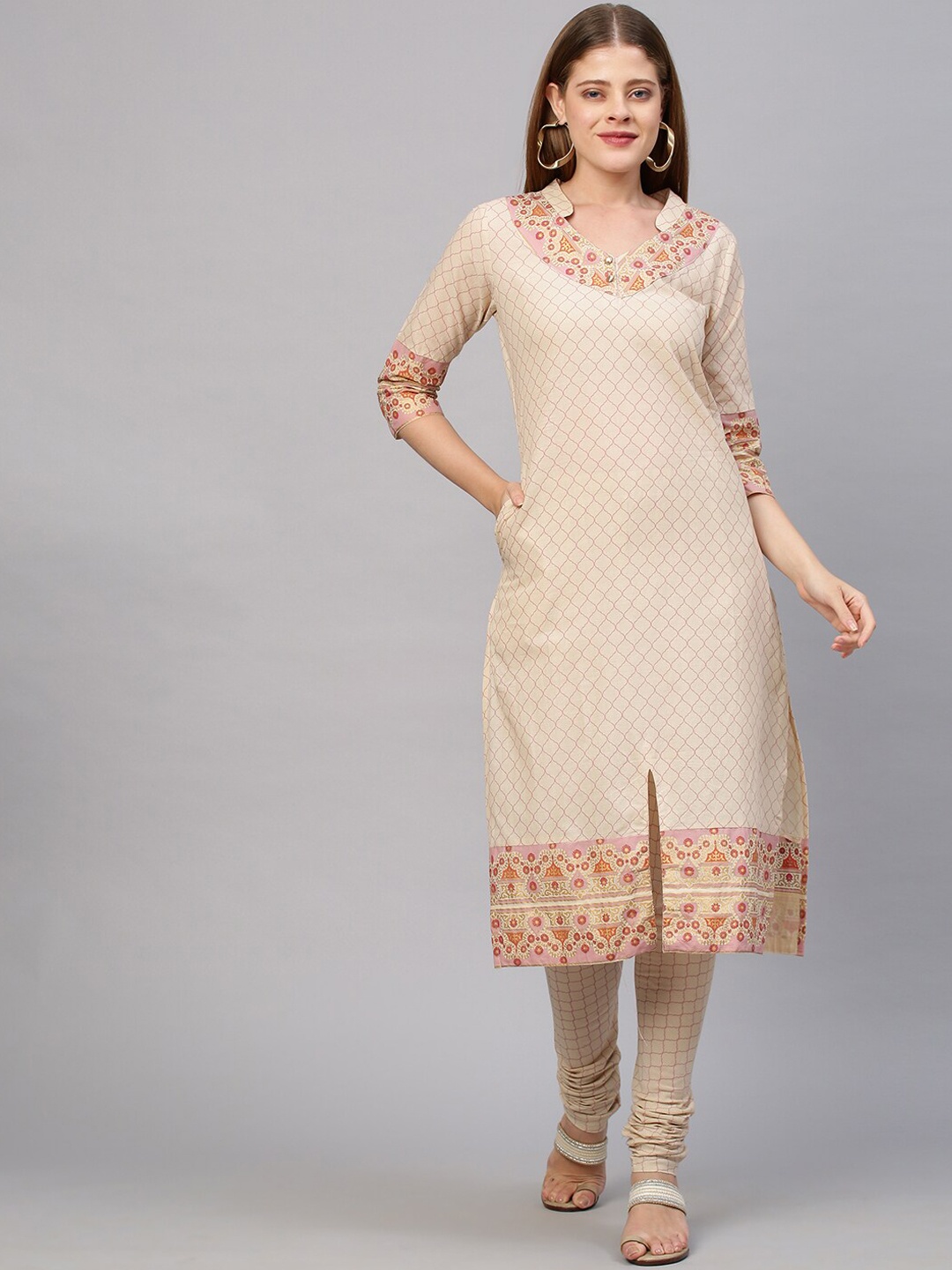 

FASHOR Women Beige Ethnic Motifs Printed Pure Cotton Kurta with Leggings
