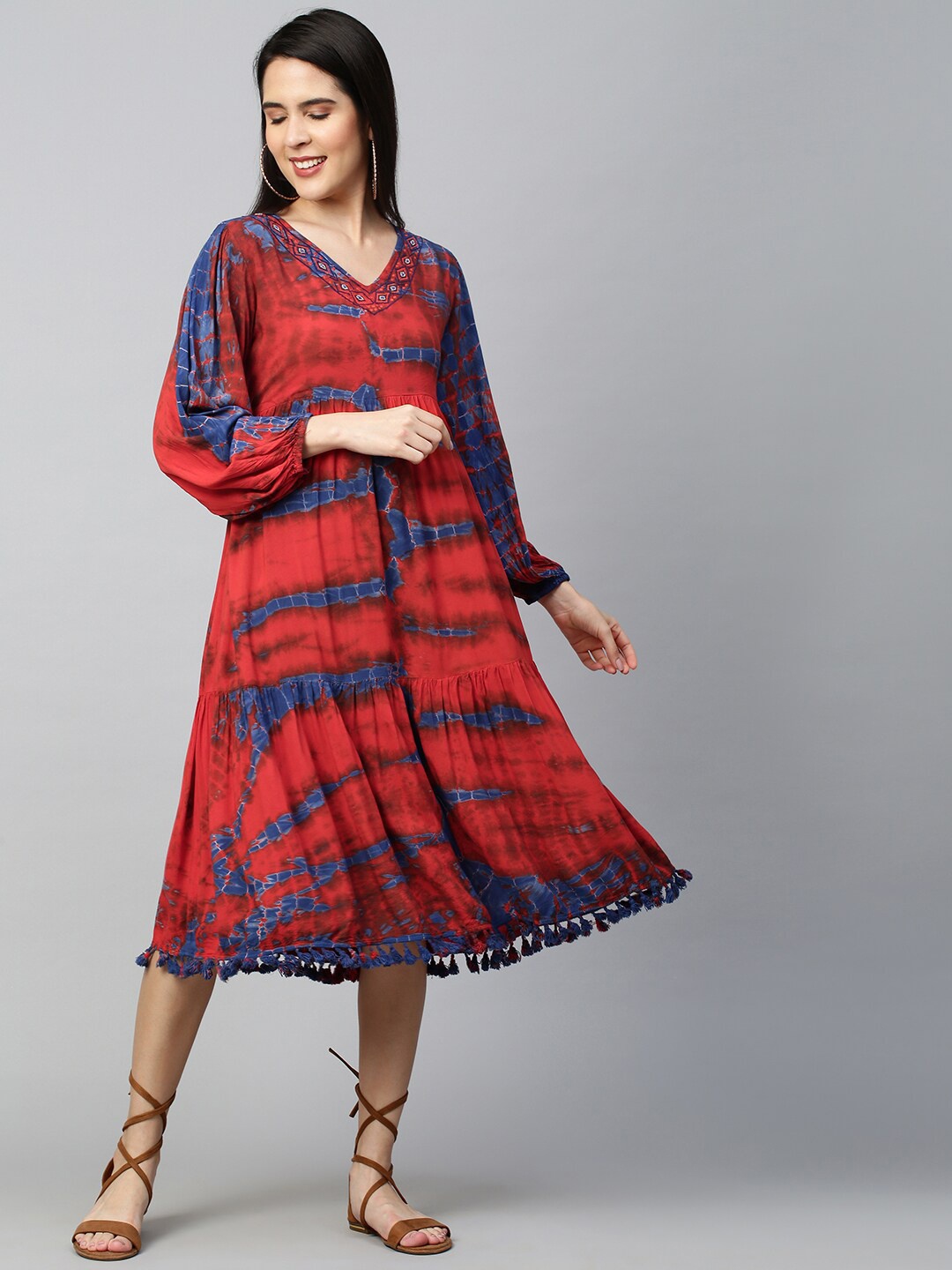 

FASHOR Red & Blue Tie and Dyed A-line Midi Dress