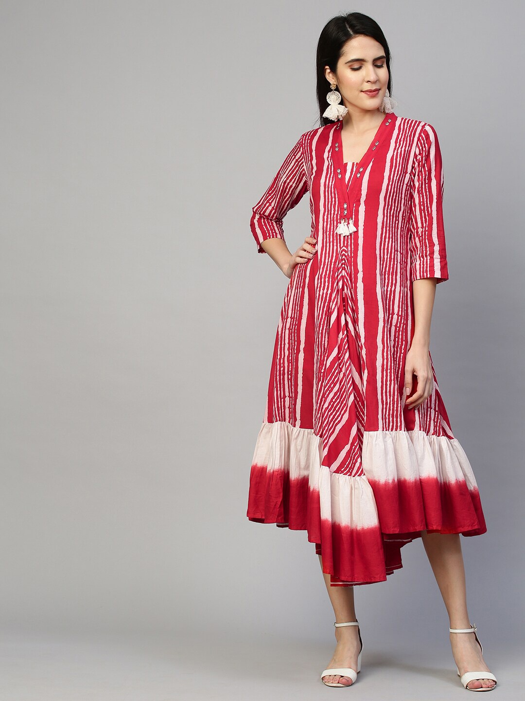 

FASHOR Women Red & White Striped A-Line Asymmetrical Hemline Midi Dress
