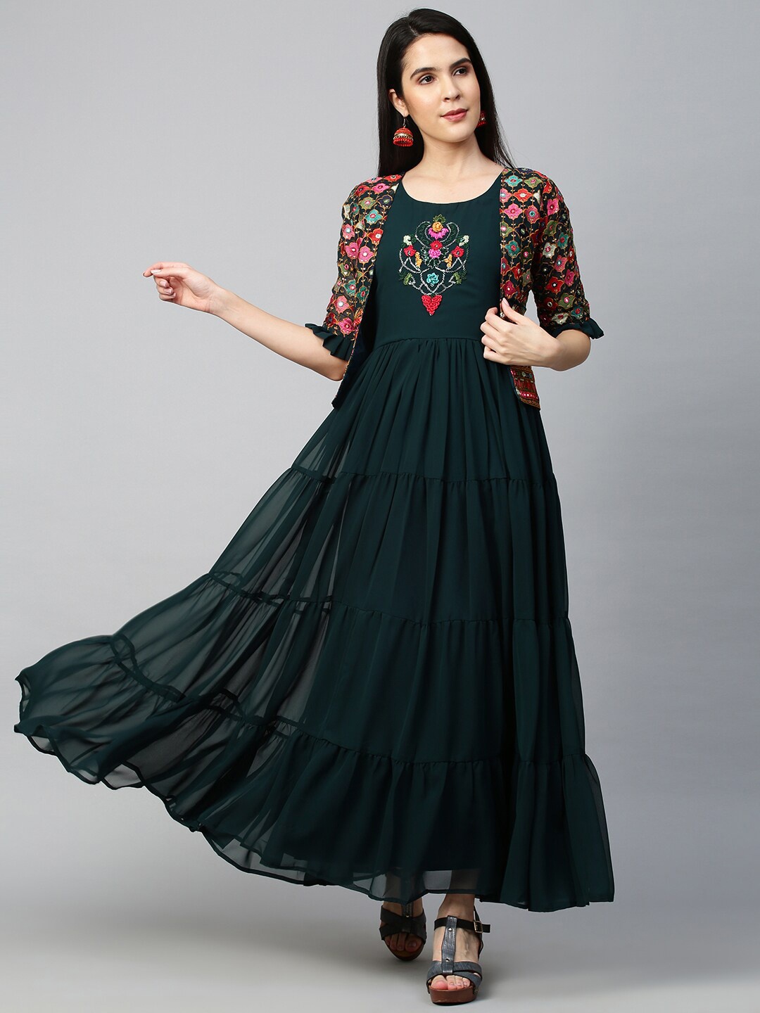 

FASHOR Green & Pink Floral Embroidered Georgette Ethnic Maxi Dress