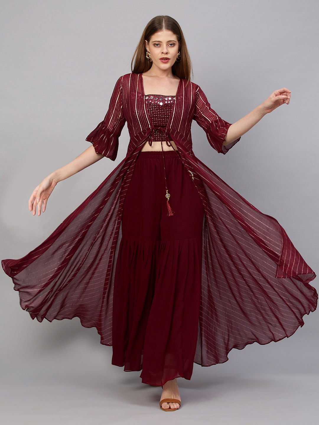 

FASHOR Women Maroon Ethnic Motifs Embroidered Sequinned Top with Sharara