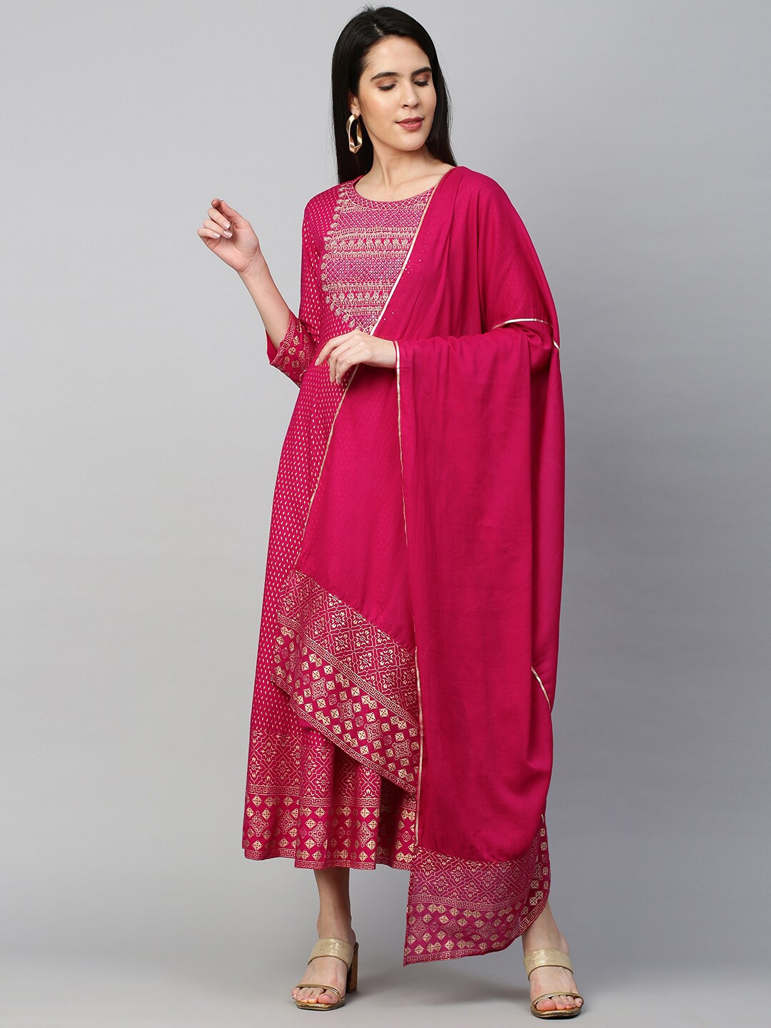 

FASHOR Women Rani Pink Festive Foil Printed Embroidered Maxi Dress with Dupatta