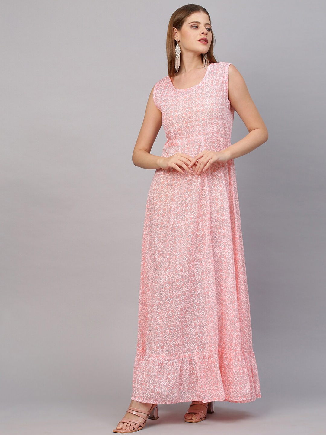 

FASHOR Pink & White Ethnic Motifs Printed Layered Maxi Dress