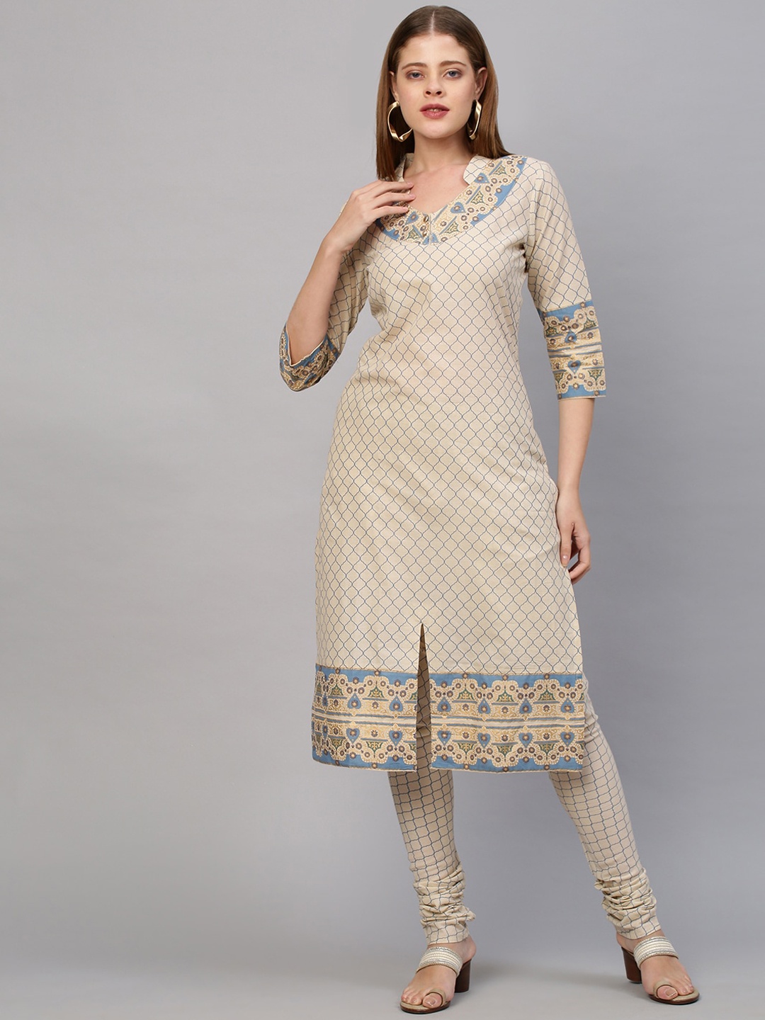 

FASHOR Women Beige Ethnic Motifs Printed Pure Cotton Kurta with Trousers